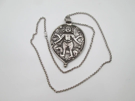 Sterling silver women's necklace. Open link chain and four-armed idol pendant. 1980's Sterling silver women's necklace. Open link chain and four-armed idol pendant. 1980's