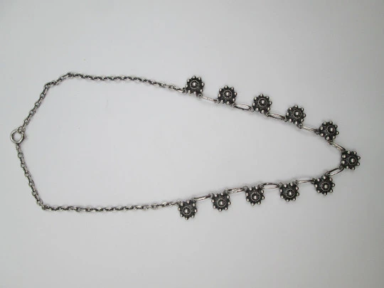 Sterling silver women's necklace. Openwork charro buttons. 1980's. Spain