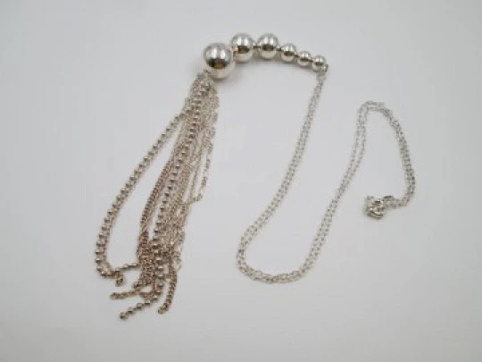 Sterling silver women's necklace. Six spheres. Chains tassel. 1980's
