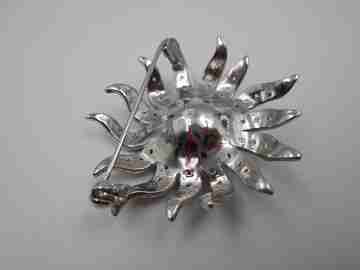 Sun women's brooch. Sterling silver, white gems and pearl. Europe. 1970's