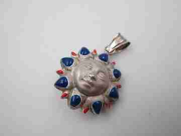 Sun women's pendant. Sterling silver and colours enamel. Ring top. 1990's