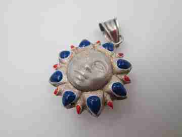 Sun women's pendant. Sterling silver and colours enamel. Ring top. 1990's