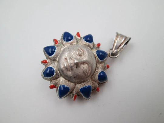 Sun women's pendant. Sterling silver and colours enamel. Ring top. 1990's