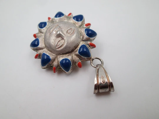 Sun women's pendant. Sterling silver and colours enamel. Ring top. 1990's