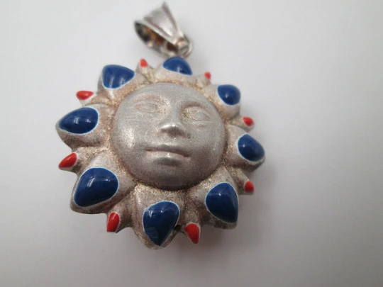 Sun women's pendant. Sterling silver and colours enamel. Ring top. 1990's