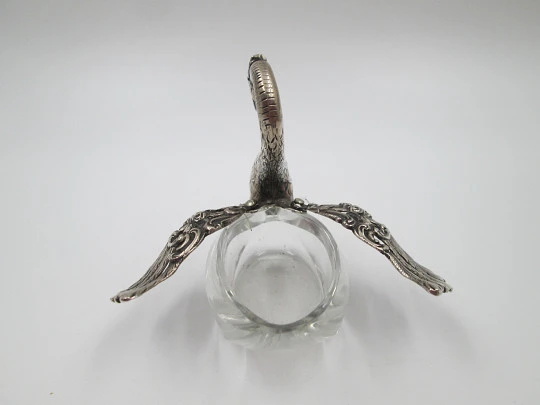 Swan shape salt shaker for table service. Sterling silver and cut crystal. 1970's. Europe