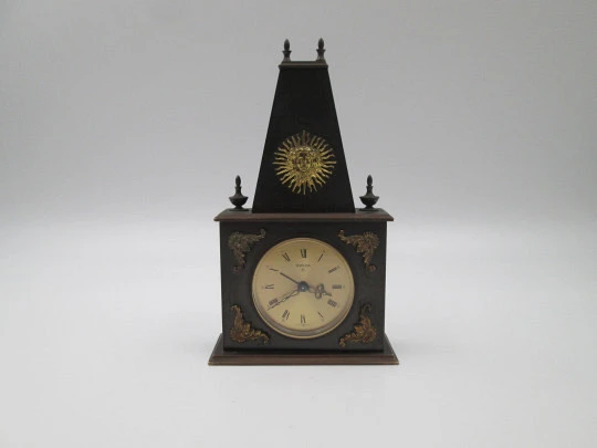 Swiza 8 days alarm desk table clock. Hand winding. Bronze. Chimney shape. 1970's