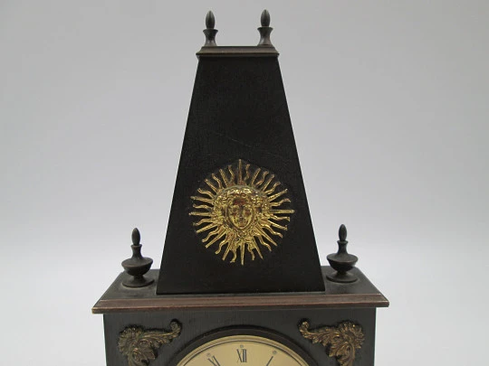 Swiza 8 days alarm desk table clock. Hand winding. Bronze. Chimney shape. 1970's