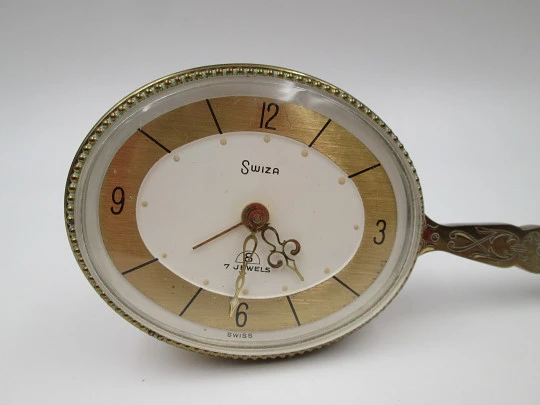 Swiza 8 days desk table alarm clock. Manual winding. Bronze. Mirror shape. 1970's