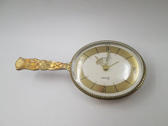 Swiza 8 days desk table alarm clock. Manual winding. Bronze. Mirror shape. 1970's