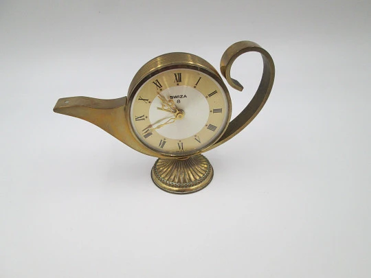 Swiza 8 days desk table alarm clock. Manual winding. Bronze. Oil lamp shape. 1970's