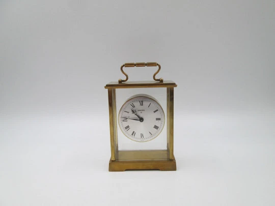Swiza 8 days wind up alarm desk table clock. Bronze. Ring on top. Grey dial. Swiss. 1970's