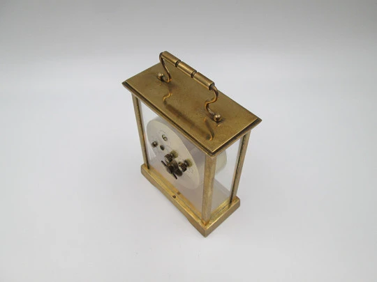 Swiza 8 days wind up alarm desk table clock. Bronze. Ring on top. Grey dial. Swiss. 1970's