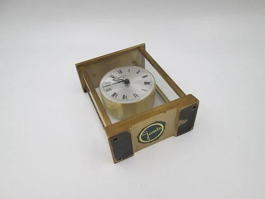 Swiza 8 days wind up alarm desk table clock. Bronze. Ring on top. Grey dial. Swiss. 1970's