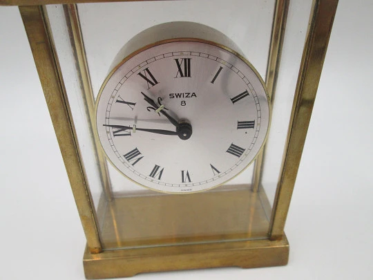 Swiza 8 days wind up alarm desk table clock. Bronze. Ring on top. Grey dial. Swiss. 1970's