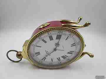 Swiza 8 days. Hand winding. 15 jewels. Bronze & red lacquer. Alarm clock