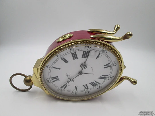 Swiza 8 days. Hand winding. 15 jewels. Bronze & red lacquer. Alarm clock