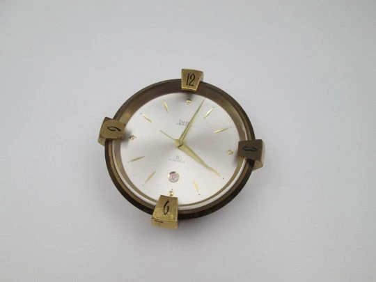 Swiza alarm table desk paperweight clock. Wind-up. Bronze. Calendar. Swiss. 1970's