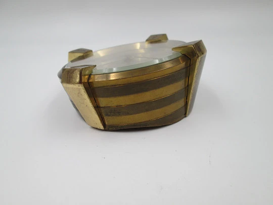 Swiza alarm table desk paperweight clock. Wind-up. Bronze. Calendar. Swiss. 1970's