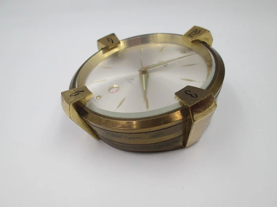 Swiza alarm table desk paperweight clock. Wind-up. Bronze. Calendar. Swiss. 1970's