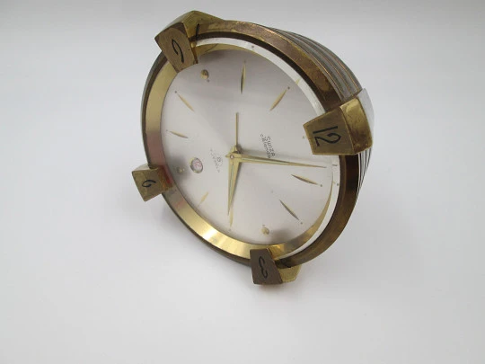 Swiza alarm table desk paperweight clock. Wind-up. Bronze. Calendar. Swiss. 1970's