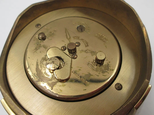 Swiza alarm table desk paperweight clock. Wind-up. Bronze. Calendar. Swiss. 1970's