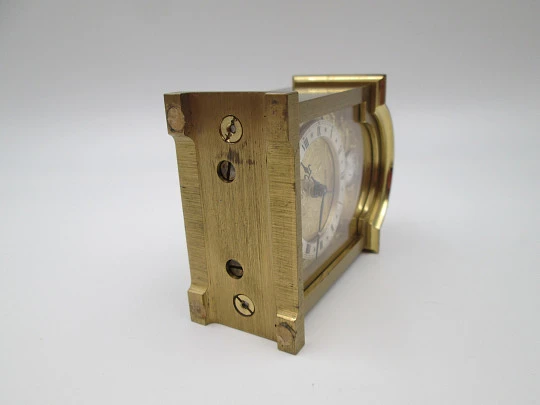 Swiza Tempus Fugit 8 days wind-up table desk alarm clock. Bronze. Ring on top. 1970's. Swiss