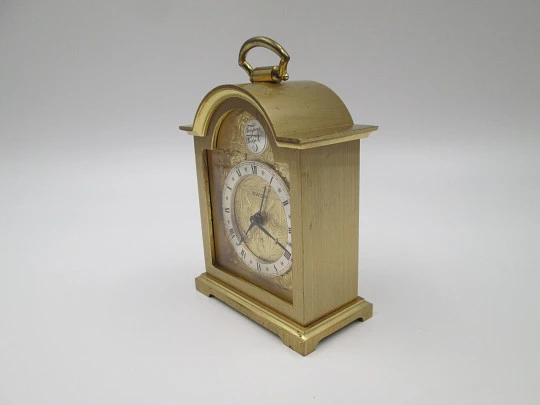 Swiza Tempus Fugit 8 days wind-up table desk alarm clock. Bronze. Ring on top. 1970's. Swiss