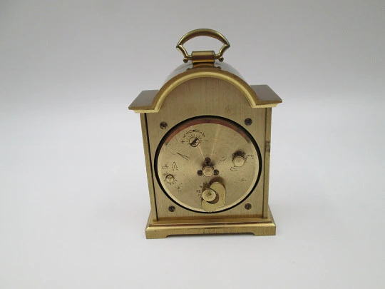 Swiza Tempus Fugit 8 days wind-up table desk alarm clock. Bronze. Ring on top. 1970's. Swiss