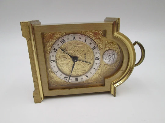 Swiza Tempus Fugit 8 days wind-up table desk alarm clock. Bronze. Ring on top. 1970's. Swiss