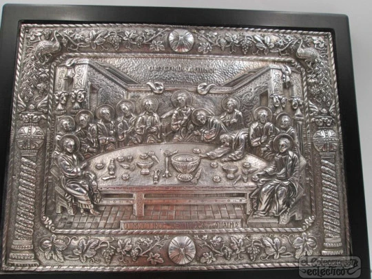 Tabla Santa Cena. Plata de ley 950. Alto relieve. Marco madera