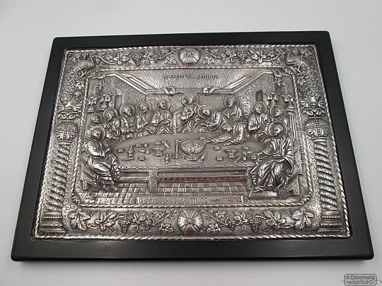 Tabla Santa Cena. Plata de ley 950. Alto relieve. Marco madera