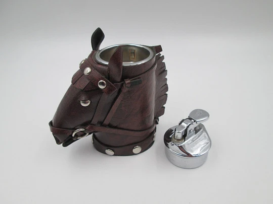 Table butane lighter. Horse head shape. Silver plated & brown leather. Europe. 1970's