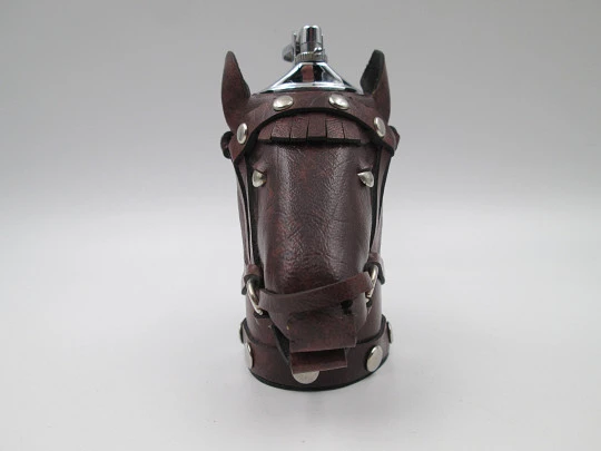 Table butane lighter. Horse head shape. Silver plated & brown leather. Europe. 1970's