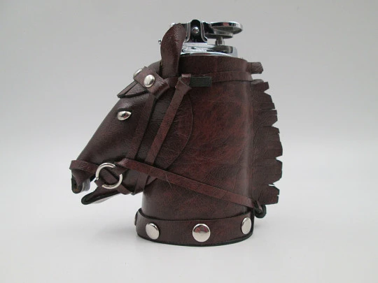 Table butane lighter. Horse head shape. Silver plated & brown leather. Europe. 1970's