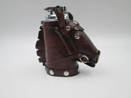 Table butane lighter. Horse head shape. Silver plated & brown leather. Europe. 1970's