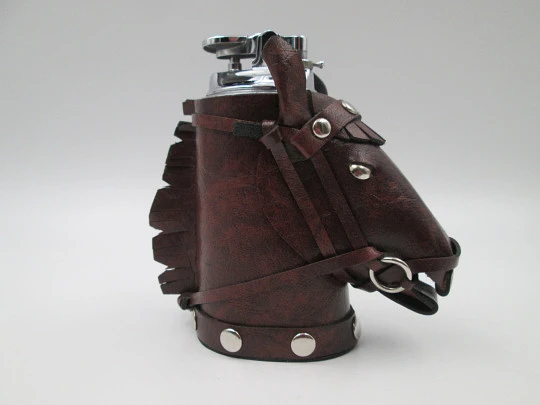 Table butane lighter. Horse head shape. Silver plated & brown leather. Europe. 1970's