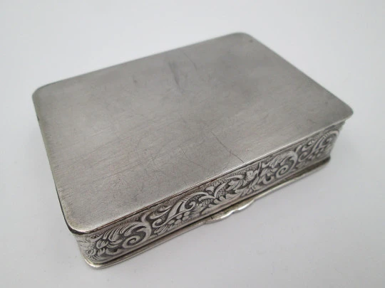 Table / desk box. Silver plated metal. Relief romantic scene. Europe. Articulated lid. 1940's