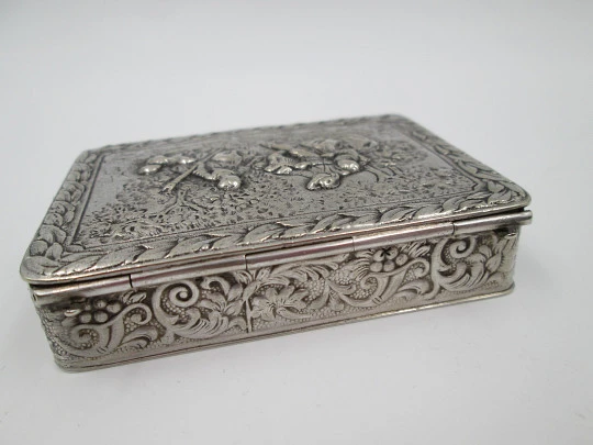 Table / desk box. Silver plated metal. Relief romantic scene. Europe. Articulated lid. 1940's