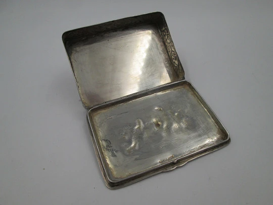 Table / desk box. Silver plated metal. Relief romantic scene. Europe. Articulated lid. 1940's