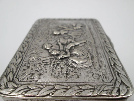 Table / desk box. Silver plated metal. Relief romantic scene. Europe. Articulated lid. 1940's