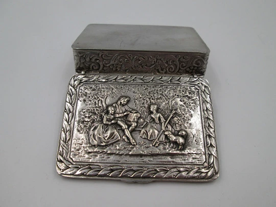 Table / desk box. Silver plated metal. Relief romantic scene. Europe. Articulated lid. 1940's