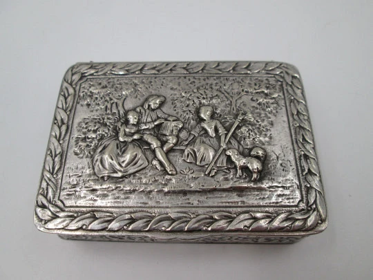 Table / desk box. Silver plated metal. Relief romantic scene. Europe. Articulated lid. 1940's