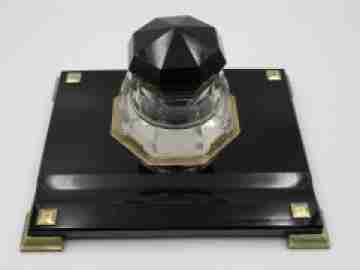 Table desk inkwell. Black crystal and bronze details. 1950's. Europe