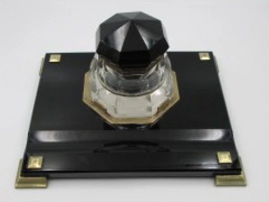 Table desk inkwell. Black crystal and bronze details. 1950's. Europe