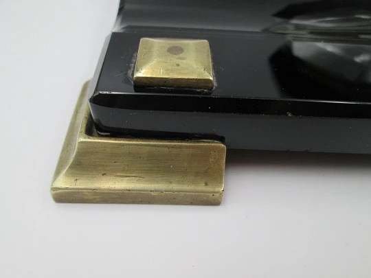 Table desk inkwell. Black crystal and bronze details. 1950's. Europe