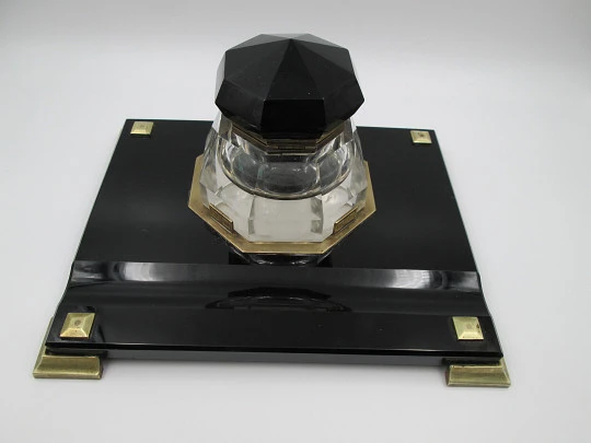 Table desk inkwell. Black crystal and bronze details. 1950's. Europe
