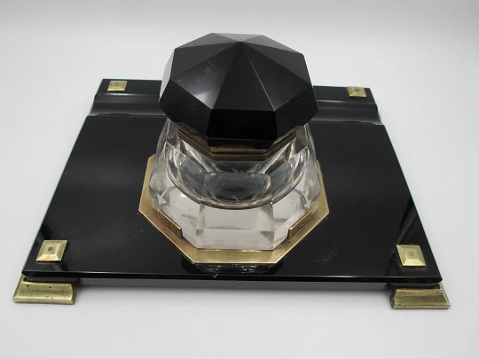 Table desk inkwell. Black crystal and bronze details. 1950's. Europe