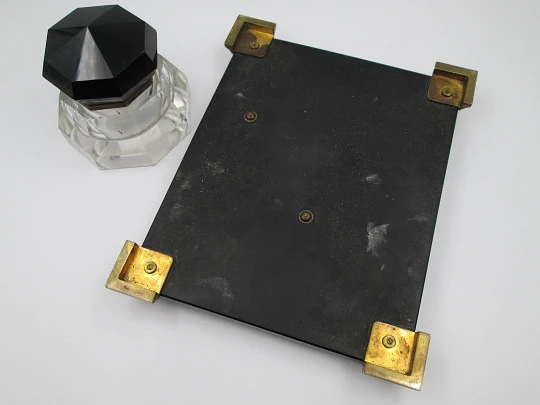 Table desk inkwell. Black crystal and bronze details. 1950's. Europe