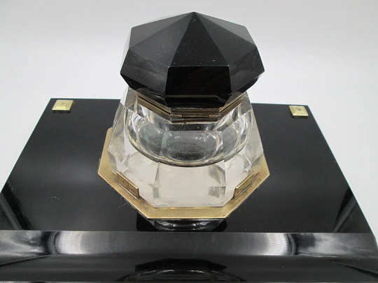 Table desk inkwell. Black crystal and bronze details. 1950's. Europe